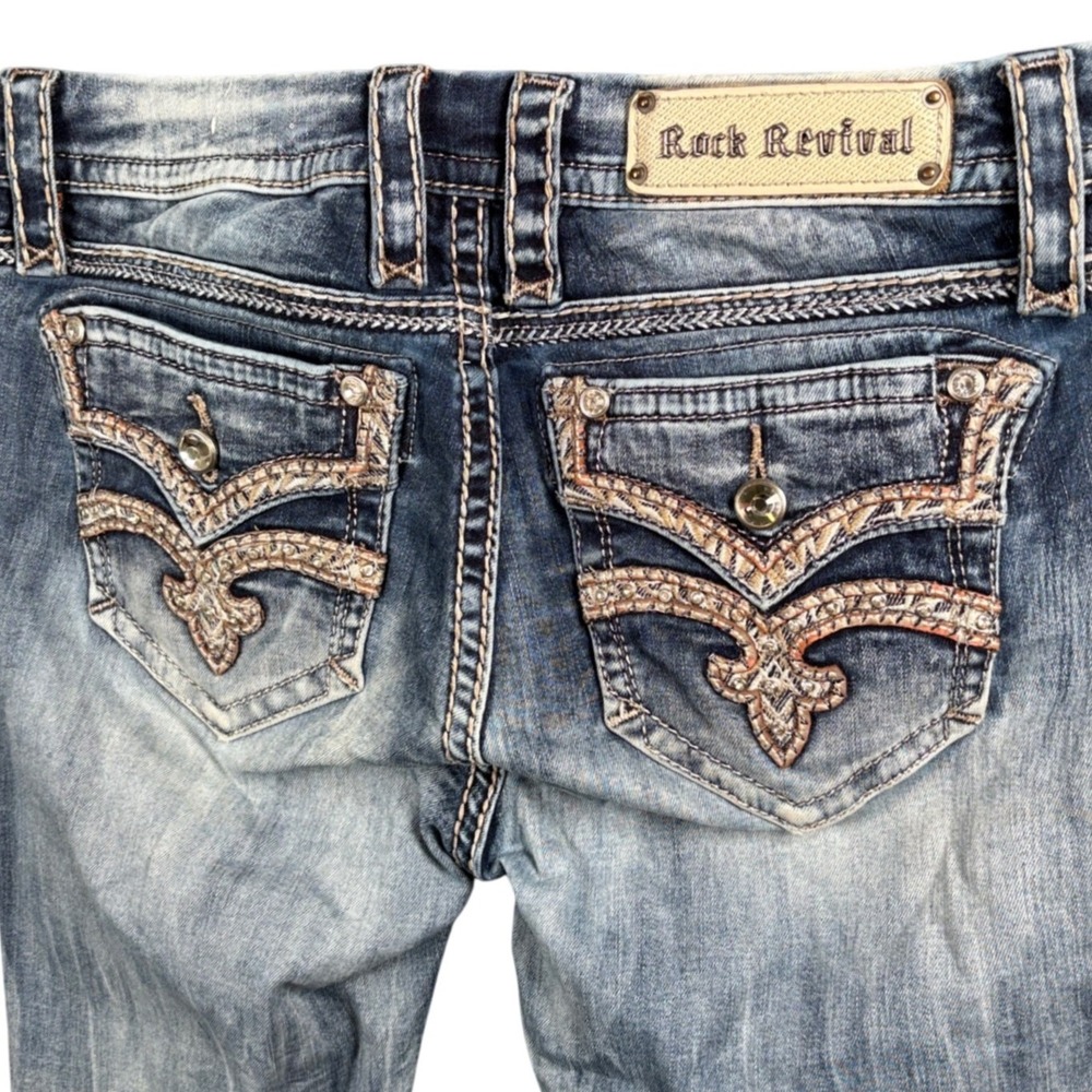 Rock Revival Karla Bootcut Jeans Womens 29 Blue Fleur De Lis Embroidered Y2K